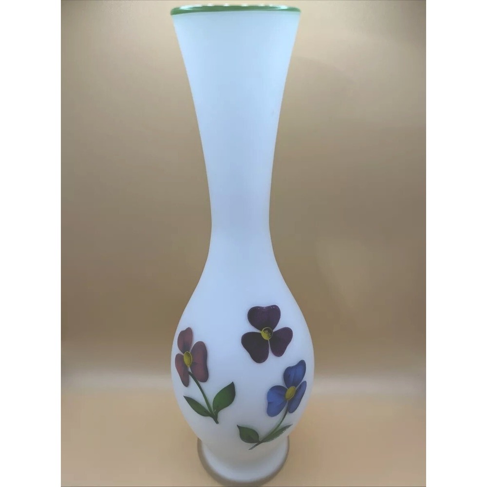 Made Italy for Schmid Bros White Cased Glass Vase Multicolor Floral 9.75" Vtg